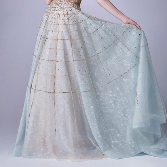 NEW CHAMPAGNE/BLUE PARTY EVENING OFF THE SHOULDER MODERN BEADED BALLGOWN AL0724 - Picture 2 of 13